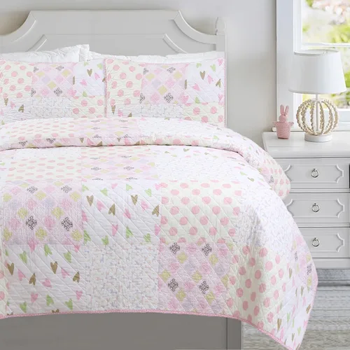 Vista 15 de [Usado] Juego de ropa de cama de algodón de 6 piezas con estampado de corazones, mariposas y lunares, a rayas, rosa, morado, blanco, de algodón