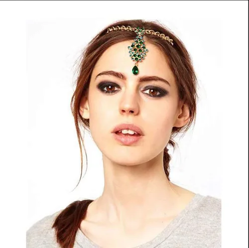 Vista 3 de Chargances Joyería de moda para mujer, joyería de frente de Halloween, color turquesa, cadena para la frente, pasador para la frente, para festival