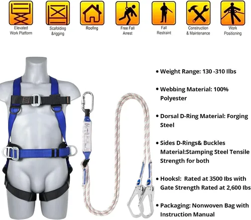 Vista 5 de TT TRSMIMA Safety Harness Fall Protection Kit - Full Body Roofing harnesses with Shock Absorbing Lanyard Upgrade Paded