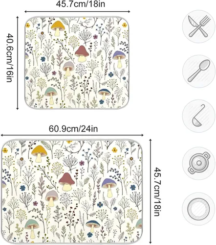 Vista 3 de Linda alfombrilla de secado de platos con hongos y plantas silvestres para encimera de cocina, almohadilla absorbente de microfibra, mediana 16x18
