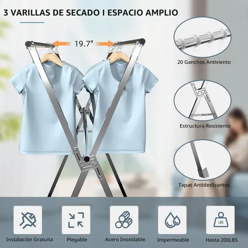 Vista 2 de Estante de secado de ropa de 79 pulgadas, tendedero para ropa
