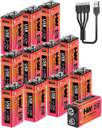 Vista 9 de HW Paquete de 4 baterías de 9 voltios, batería de litio recargable de 1400 mAh de 9 V con cable de carga rápida USB C, baterías cuadradas de más