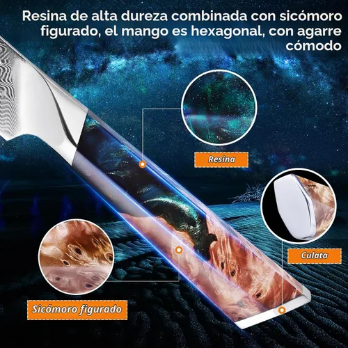 Vista 3 de FINDKING Nebula Series - Cuchillo de cocina con funda de ABS, cuchillo pequeño versátil, hoja de damasco 10Cr15CoMov, mango de resina y sicomoro Azul