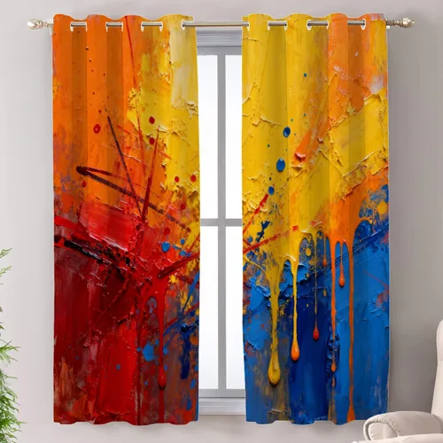 Vista 123 de Shrahala Beige and Orange Abstract Art Brushstrokes Blackout Curtain Tiers, Abstract Oil Paint Kitchen Valance Light Blocking Tier Drapes with Rod