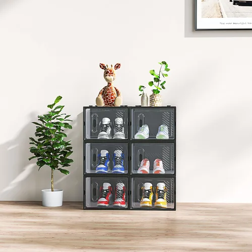 Vista 5 de Paquete de 6 cajas de zapatos apilables de plástico transparente, cajas organizadoras de zapatos con tapas para tenis, estuche para zapatos hasta
