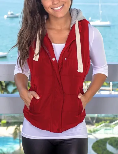 Vista 3 de Chaleco Yeokou acolchado para mujer, para invierno, con capucha extraíble, sin mangas y entallado