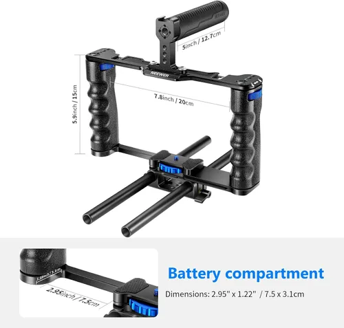 Vista 6 de NEEWER Jaula de cámara de aleación de aluminio, plataforma de cine con mango superior, empuñaduras dobles y base tipo arca, compatible con cámaras