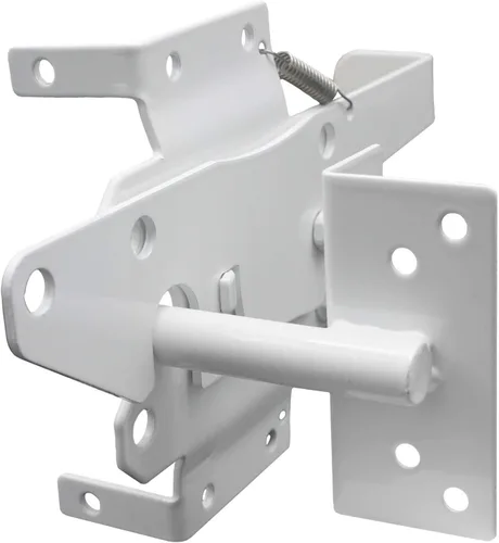 Vista 2 de Kit de herrajes para valla de vinilo de cierre automático, color blanco, puerta individual con 2 bisagras y pestillo
