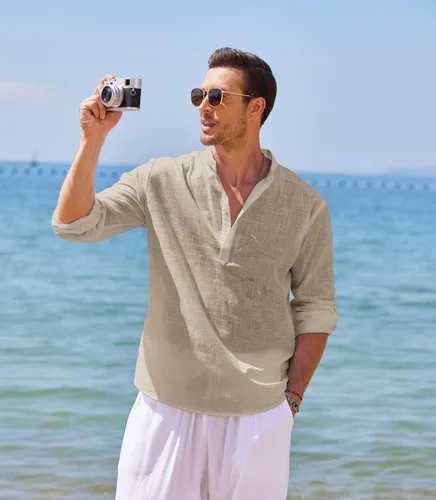 Vista 6 de COOFANDY - Camisa de lino y algodón con cuello Henley, de manga larga, estilo hippie, informal, camisetas de playa
