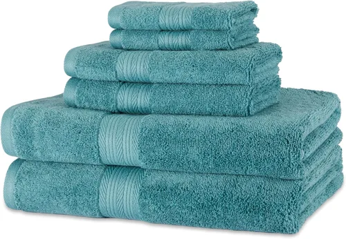 Vista 19 de Amazon Basics Juego de 6 toallas de gran tamaño resistentes a la decoloración, 100% algodón, altamente absorbentes, suaves, color verde azulado, 2
