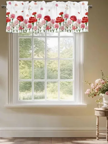 Vista 5 de Cenefa floral para ventanas, cortinas de clavel rojo y rosa, cenefas con bolsillo para barra, cenefa de ventana para primavera, vacaciones, día