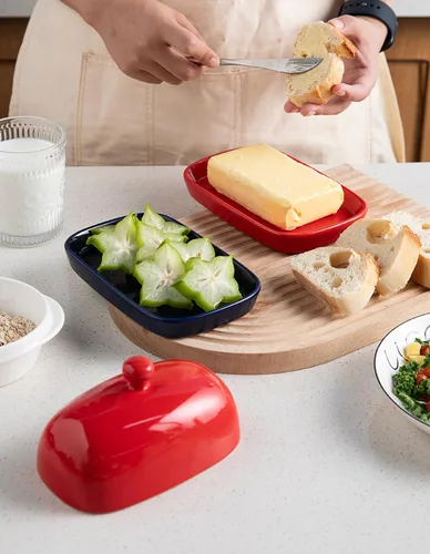 Vista 7 de Sweejar - Mantequillera de cerámica con tapa para encimera, mantequera de porcelana con asa de perilla, recipiente de mantequilla para mantequilla