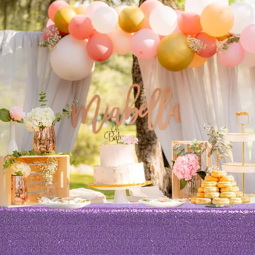 Vista 5 de nanbowang Mantel de lentejuelas color morado claro para fiestas, rectangular, superposición de tela de lentejuelas, manteles de mesa de cumpleaños