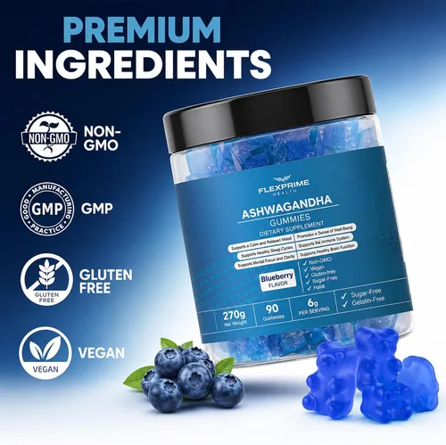 Vista 2 de Ashwagandha - Gomitas sin azúcar de 0.21 oz Veganas, Halal, sin OMG, sin gluten Sabor a arándanos Enfoque, calma, recarga Hombres Mujeres 90