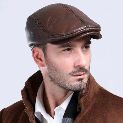 Vista 7 de Sombrero ajustable de hombre estilo Newsboy con boina, sombrero de cuero genuino para conducir, caza, pesca, gorra Ivy de moda, sombrero plano