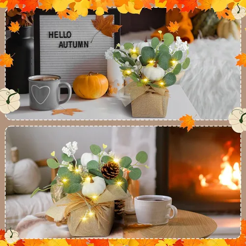 Vista 4 de Janinka Juego de 2 decoraciones de otoño de 11 pulgadas para el hogar, calabazas blancas, mesas de eucalipto, centros de mesa, conos de pino