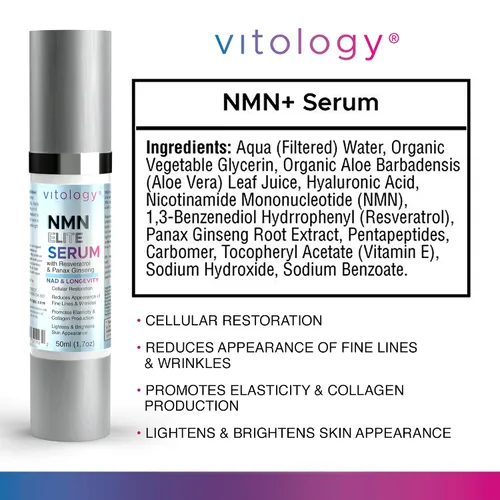 Vista 2 de NMN + suero facial de resveratrol – Renovación celular y fórmula antienvejecimiento con ácido hialurónico, aloe y ginseng – Boost NAD+, hidrata