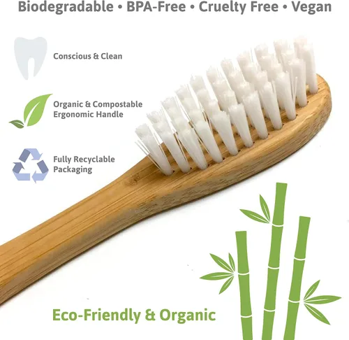 Vista 6 de Cepillo de dientes ecológico de bambú natural, orgánico, sin BPA y duradero con mango ergonómico (paquete de 4: cerdas de nailon duro)