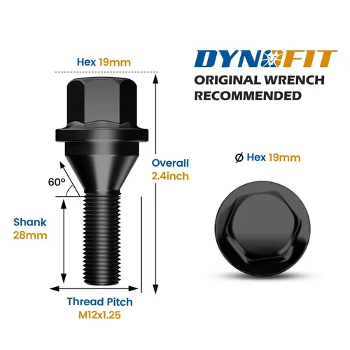 Vista 2 de Dynofit - Tornillos de rueda OEM de 12 x 1.25, 20 piezas ET de 0.748 in hexagonal de 1.102 in compatibles con Jeep Compass 2018-2024 Cherokee Negro