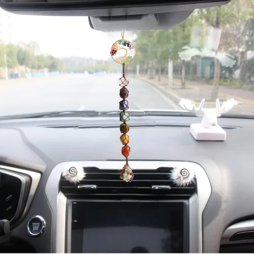Vista 6 de 2 piezas de árbol de la vida, cristales curativos de 7 chakras, Feng Shui, adorno colgante de meditación para colgar en el automóvil, adorno