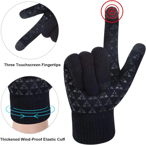 Vista 4 de Winter Beanie Hat Scarf Gloves Set 3 Pieces Mens Warm Knit Thick Slouchy Cap Neck Warmer Touchscreen Gloves Set
