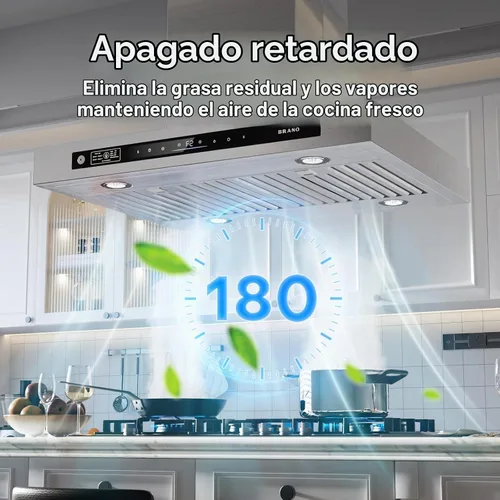 Vista 9 de BRANO - Campana extractora Island de 30 pulgadas con 900 CFM, 4 velocidades, control de voz/gestos/táctil, convertible con conductos/sin conductos
