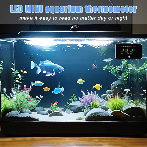 Vista 6 de Termómetro digital para acuario con pantalla táctil LED, termómetro adhesivo para tanque de peces Betta Tanks, alarma de temperatura HI/LO, sensor