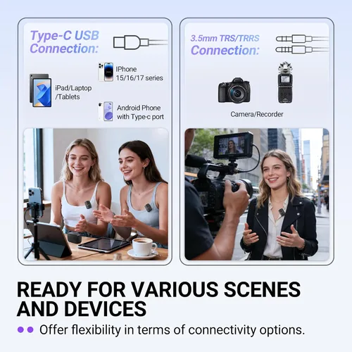 Vista 3 de FIFINE Micrófono Lavalier Inalámbrico para iPhone/Android/Cámara, Sistema de Micrófono de Solapa Inalámbrico de 2 Unidades para Grabación de Vlog
