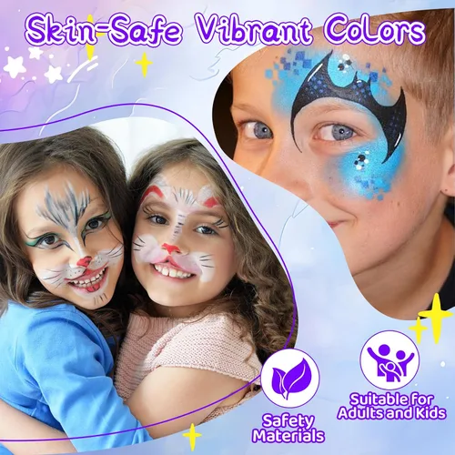 Vista 2 de Kit de pintura facial de 42 colores para niños, kit de paleta de pintura facial de agua no tóxica profesional con pinceles, plantillas, gemas