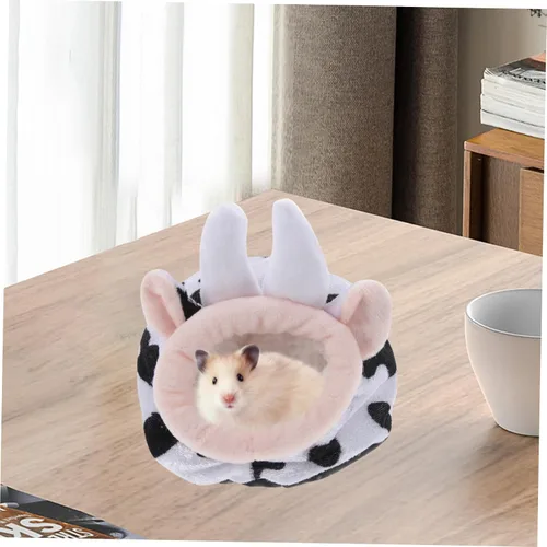 Vista 2 de VILLCASE Hámster de algodón para mascotas, acogedor escondite para conejillos de indias, cama de algodón cálida y adorable con estampado de vaca