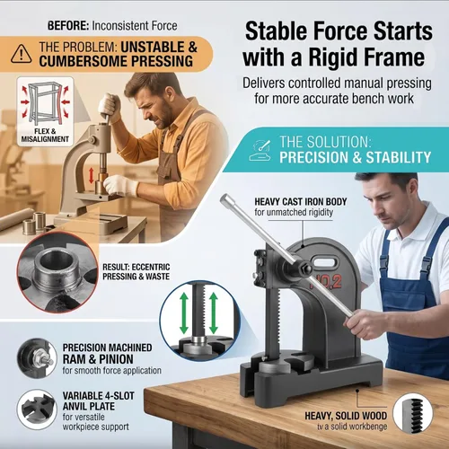 Vista 7 de 2 Ton Arbor Press, Heavy-Duty Manual Desktop Press, 8.5in Work Height, Hand Wheel Arbor Press with Reversible Ram & Removable Anvil, Cast Iron