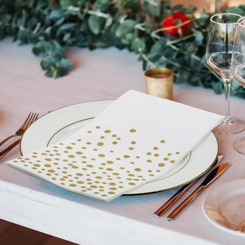 Vista 4 de Paquete de 120 servilletas de papel de aluminio dorado con lunares blancos y dorados, toallas de mano desechables metálicas para boda, baby shower
