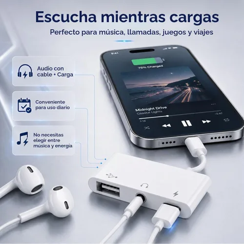 Vista 4 de Adaptador USB C 3 en 1 para iPhone 15 16, adaptador USB C a USB-A OTG con conector para auriculares de 0.1 in y puerto de carga rápida PD, divisor