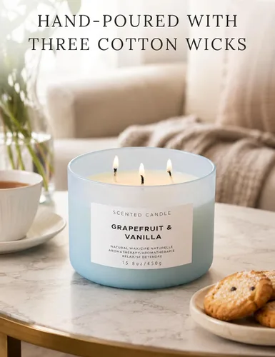 Vista 8 de Vela de soja de 3 mechas de vainilla de pomelo Vela perfumada grande de 15.8 onzas para el hogar Vela de aromaterapia altamente perfumada
