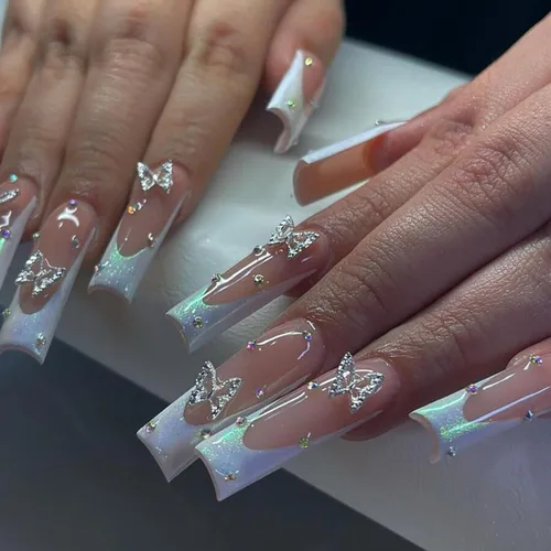Vista 19 de 24 uñas postizas cuadradas de color negro brillante, de cobertura completa, con diseños de notas musicales, uñas postizas acrílicas con pegamento