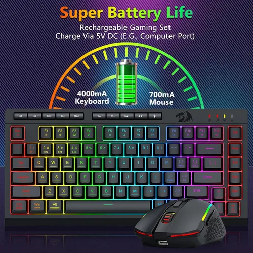 Vista 6 de Redragon Combo de teclado y mouse inalámbricos para juegos, Bluetooth2.4GUSB-C con cable, retroiluminación RGB, teclado macro de membrana recargable