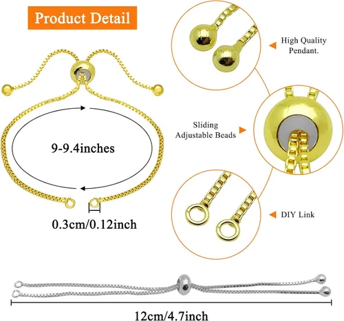 Vista 3 de Oubaka 12 pulseras deslizantes ajustables, cadenas extensoras ajustables con extremos de bola, cadenas extensoras para pulseras, joyería