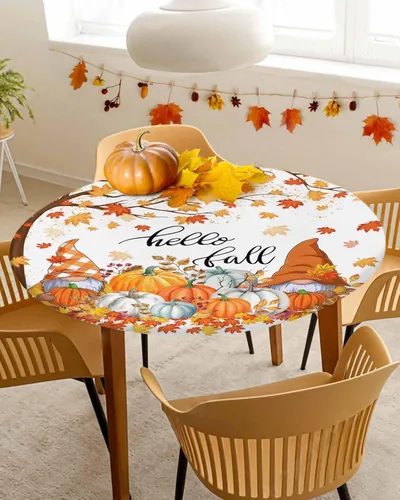 Vista 19 de Mantel ajustado para mesa redonda, mantel de otoño con hojas de otoño y calabaza de Acción de Gracias con borde elástico, mantel impermeable de Beige