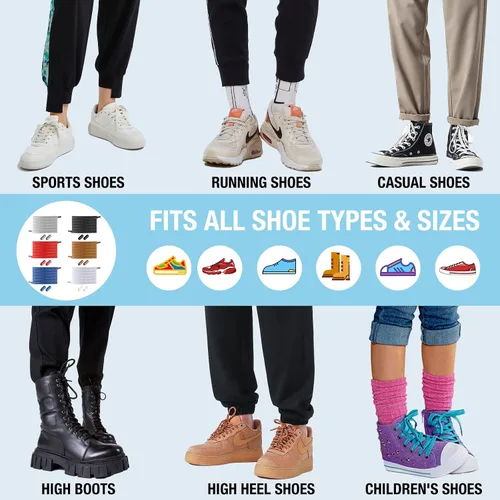 Vista 5 de Cordones para zapatos sin ataduras para niños y adultos, 6 pares de cordones elásticos para zapatos planos con hebilla de metal