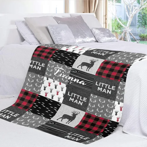 Vista 3 de XOZOTY Manta de bebé personalizada con texto y nombre, diseño a cuadros de hombre pequeño, con texto y nombre, para niños y niñas, regalo