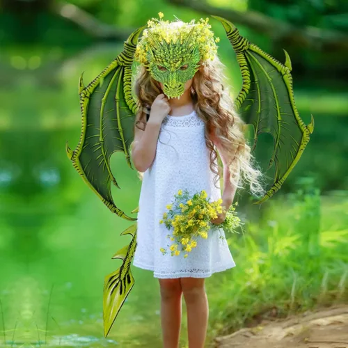Vista 5 de Disfraz de alas de dragón accesorios para niños conjunto de máscara de cola de dinosaurio para niños