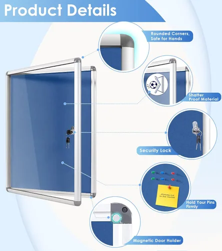 Vista 3 de SWANCROWN - Tablero de anuncios con cerradura a prueba de manipulaciones y cerrado para hogar, oficina y escuela, montado en la pared, de tela azul