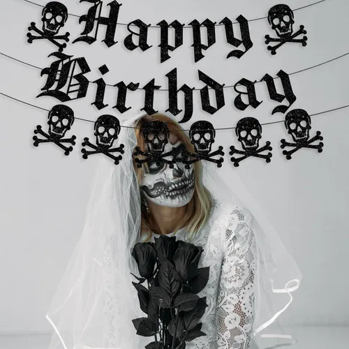 Vista 5 de Cartel gótico de feliz cumpleaños, guirnalda de calavera inglesa antigua con purpurina negra, divertida pancarta de cumpleaños funerario para fiesta