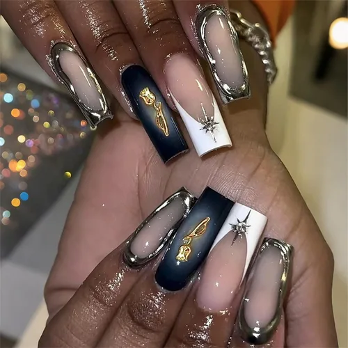 Vista 14 de Uñas postizas a presión con flores, uña corta cuadrada con diseños florales coloridos, uñas postizas de cobertura completa, uñas postizas brillantes