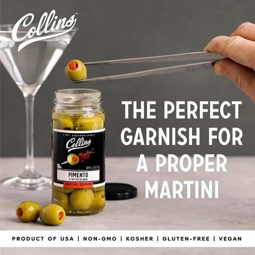 Vista 2 de Collins Aceitunas rellenas de pimiento - Aceitunas de cóctel gourmet - Aceitunas de reina españolas con pimienta de pimiento, cóctel de Martini