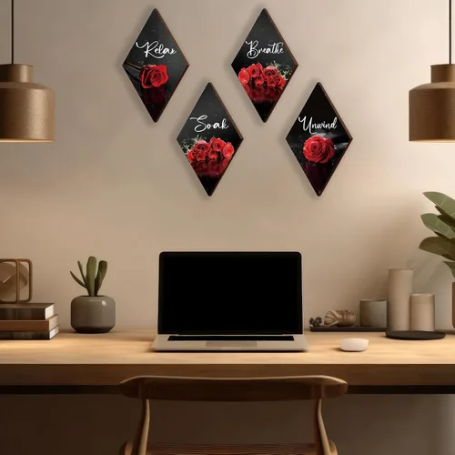 Vista 2 de ONIZHITY Juego de 4 decoración de pared de madera con rosas rojas para decoración de pared, diseño rústico, romántico, floral, decoración de pared