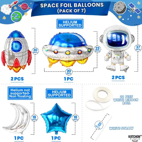 Vista 2 de Katchon, Juego de decoraciones de cumpleaños de gran espacio, 37 pulgadas, paquete de 7, globos de cohete, globos de astronauta para decoraciones