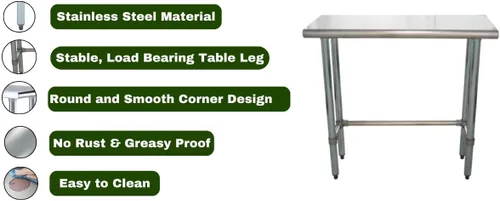 Vista 6 de Mesa de Trabajo de Acero Inoxidable con Base Abierta de 24" x 14" – Mesa Comercial Compacta Certificada NSF con Patas Galvanizadas para Cocinas