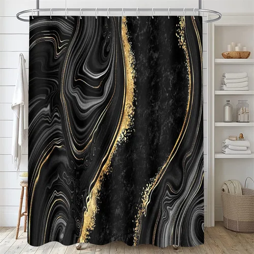 Vista 2 de Nkzply Juego de 4 Piezas de Cortinas de Ducha de Mármol Negro con Alfombras, Juegos de Baño Dorados con Cortina de Ducha y Alfombras, Accesorios