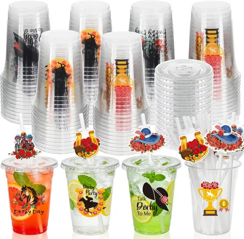 Vista 8 de MUOUAKATE Copas Derby desechables de plástico a granel, paquete de 100 vasos de 12 onzas Derby Clear Julep con pajitas de plástico y tarjetas